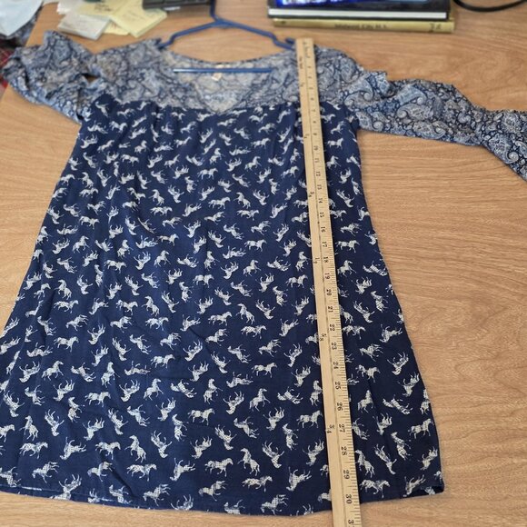 Red Camel Dress Womens XS Blue Paisley Horse Print Rayon Boho Tunic Long Sleeve - Picture 11 of 12